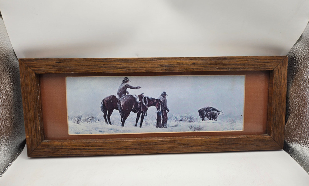 Vintage Framed Western Winter Horse and Rider Art Print 15" x 5.5" Cowboys